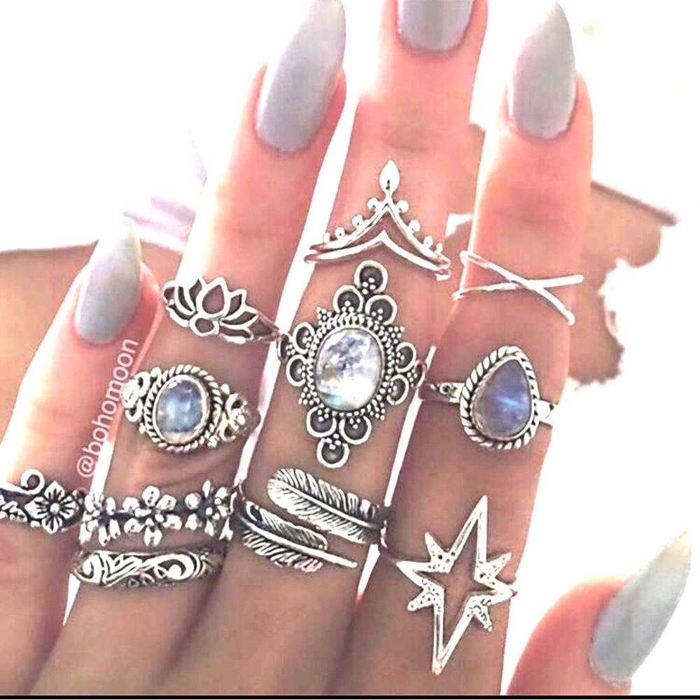 New set of 11 vintage style flower Silver Ring Set for Women.